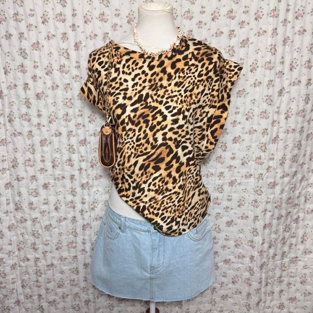 Leopard Print Blouse Women’s Wide Shoulder Animal Print Top